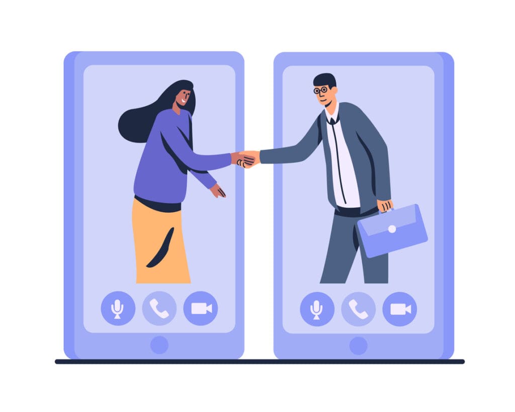 This is what digital trust looks like -- two cartoon happy colleagues shaking hands via mobile app. 